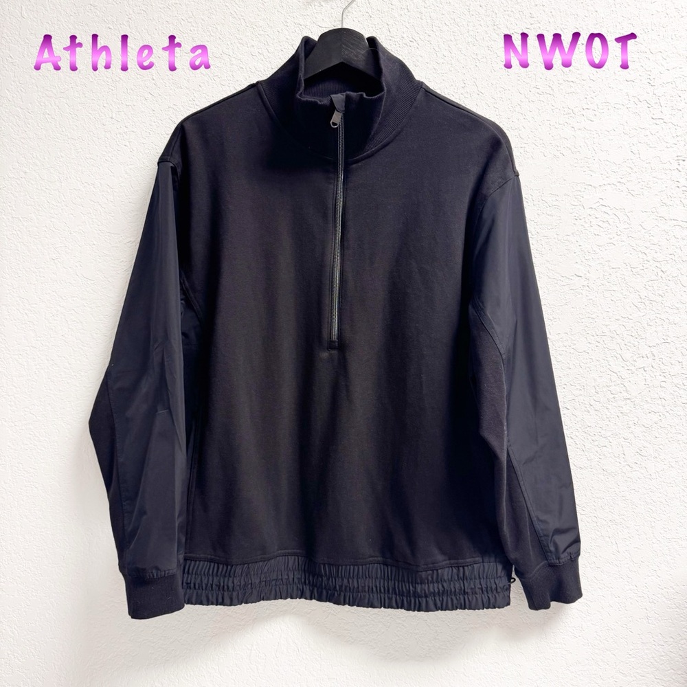 NWOT-Athleta Black Mixed Fabric Half Zip Mock Neck Oversized Jacket Womans SM